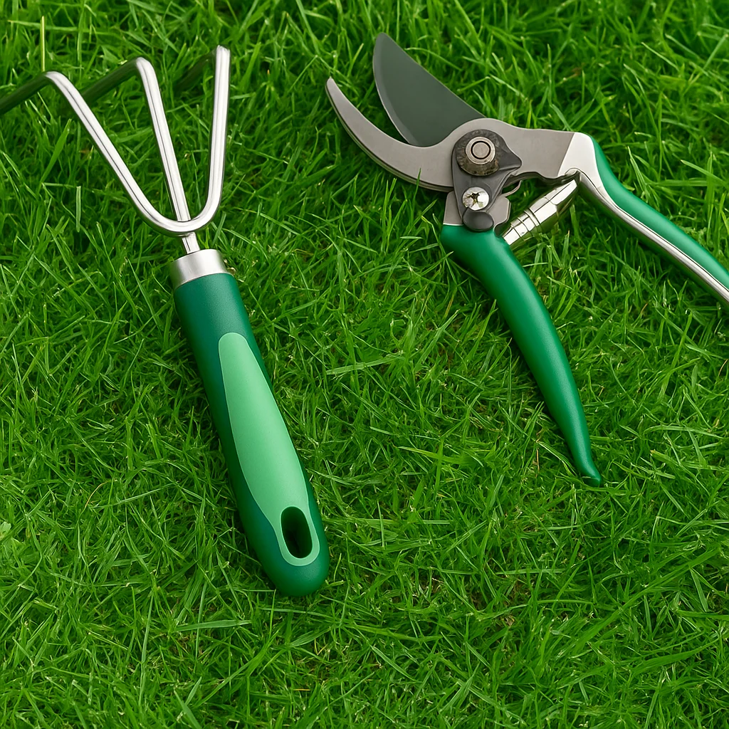 Herramientas de jardinería profesionales sobre césped verde y cuidado.