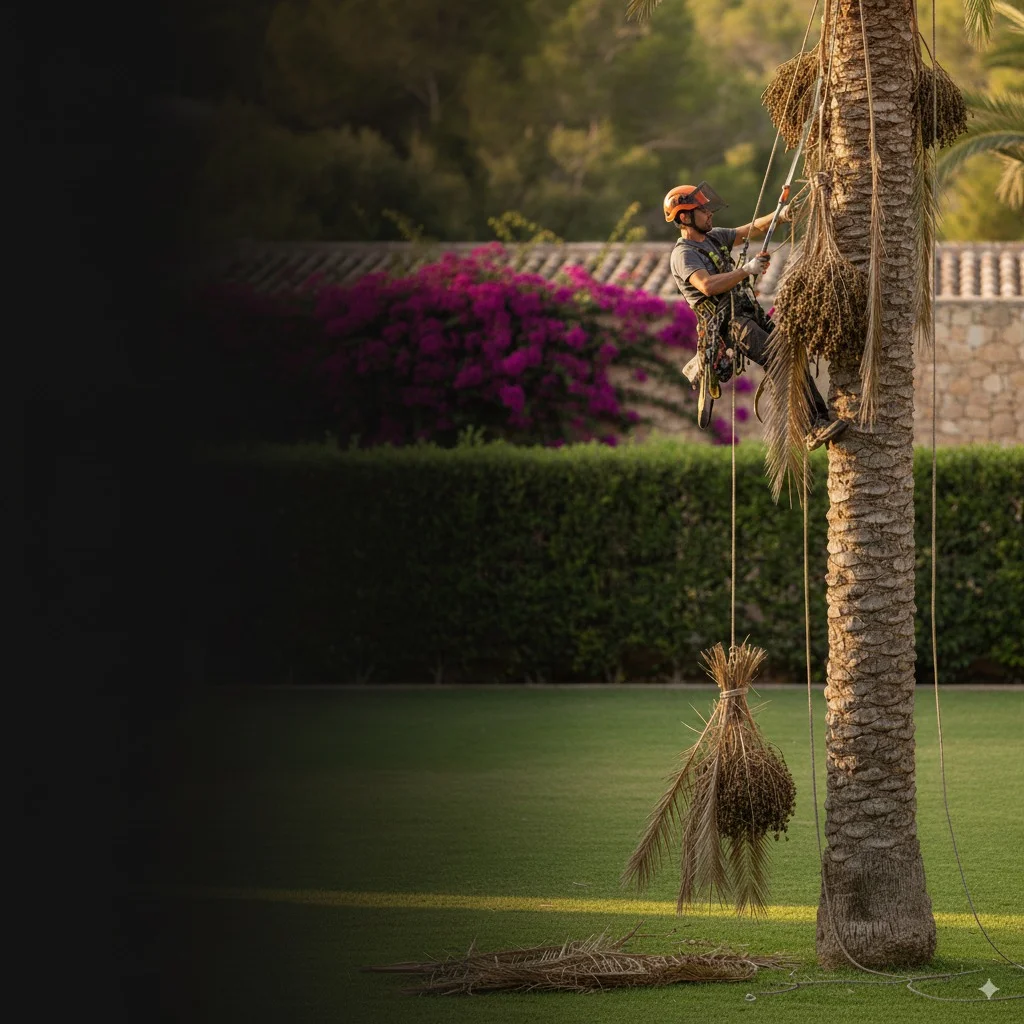 Jardinero trepador podando una palmera en Mallorca con arnés y cuerda de seguridad al atardecer