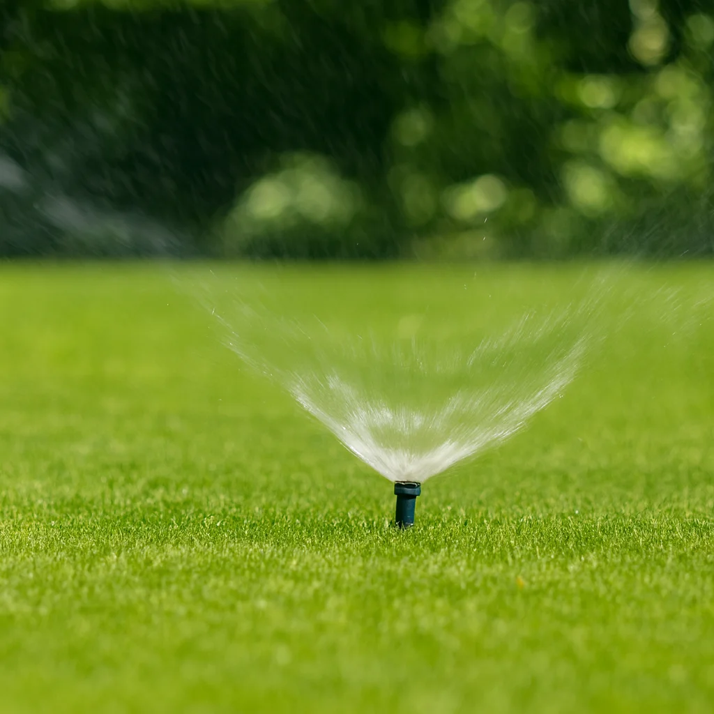 Sistema de riego por aspersión funcionando en un jardín con césped verde.