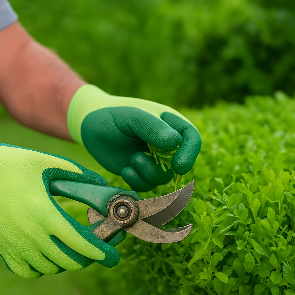 Manos de un jardinero con guantes podando un seto con precisión.