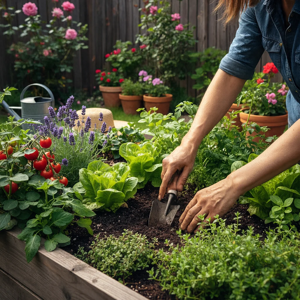 Persona cuidando un huerto urbano en Mallorca, plantando albahaca junto a tomates, lavanda y lechugas en un jardín mediterráneo