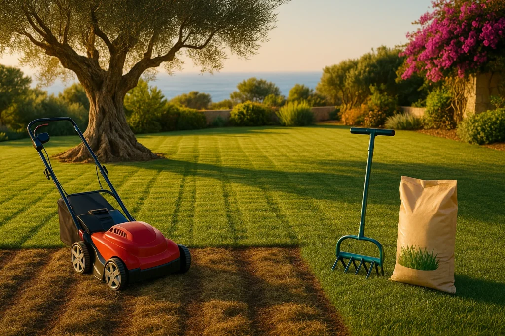 Césped recién escarificado y aireado, listo para la resiembra, en jardín mediterráneo de Mallorca