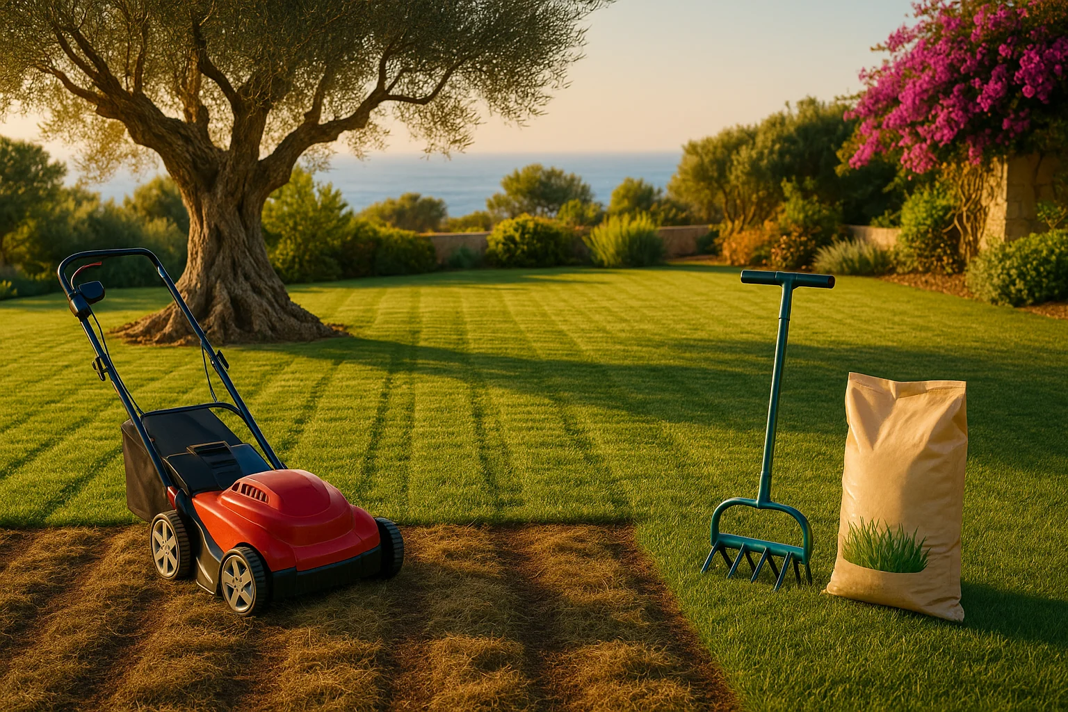 Césped recién escarificado y aireado en jardín mediterráneo de Mallorca, listo para resiembra