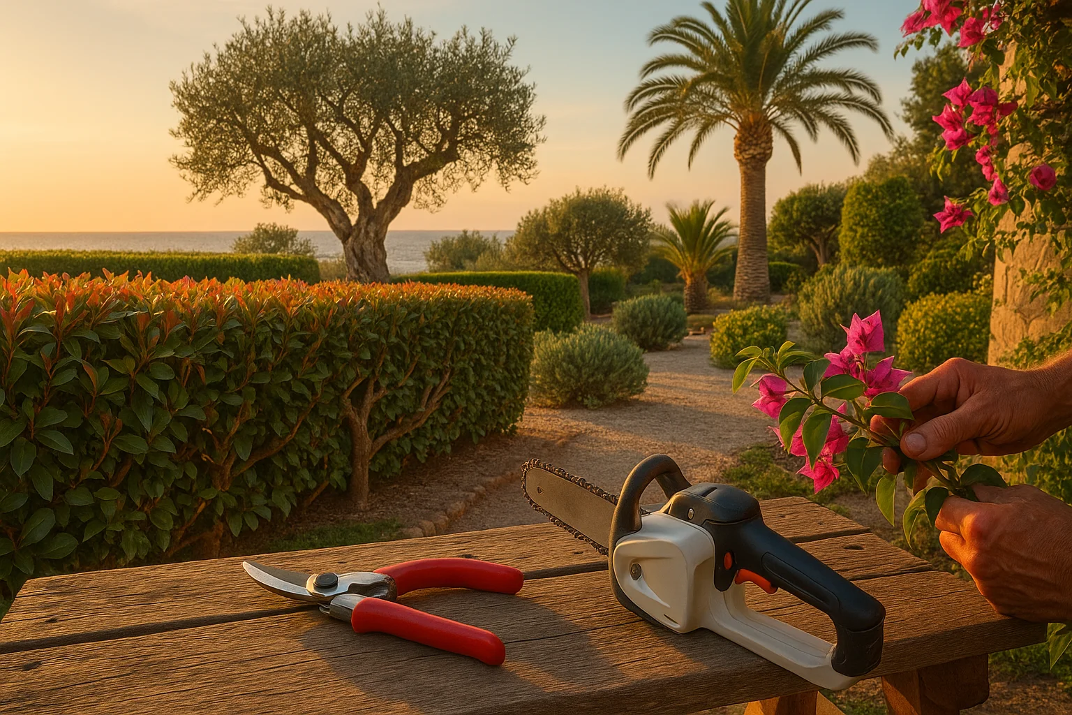 Poda y formación profesional de setos, arbustos, árboles y palmeras en un jardín mediterráneo de Mallorca