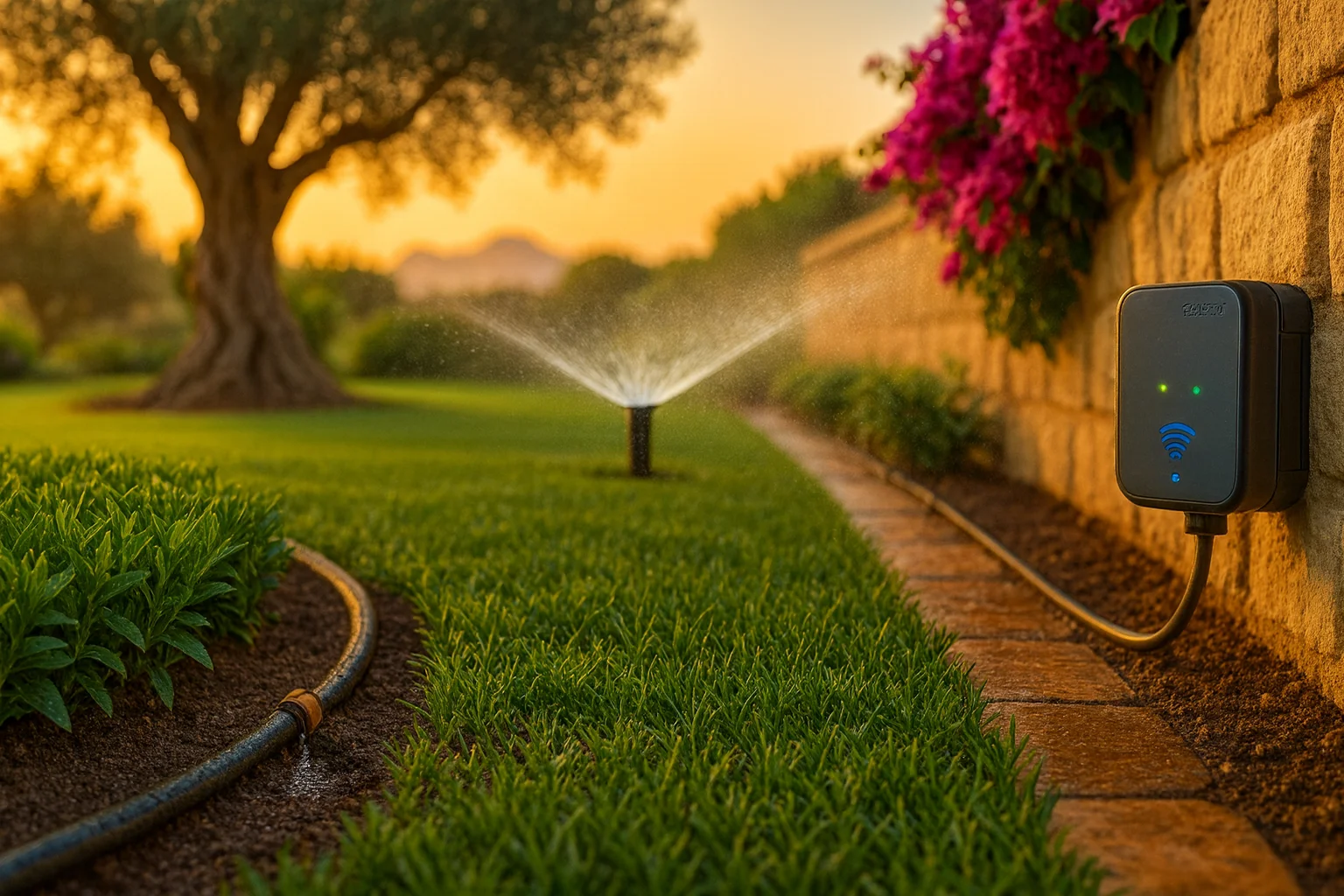 Sistema de riego eficiente con goteo, aspersores y programador Wi-Fi al atardecer en jardín mediterráneo