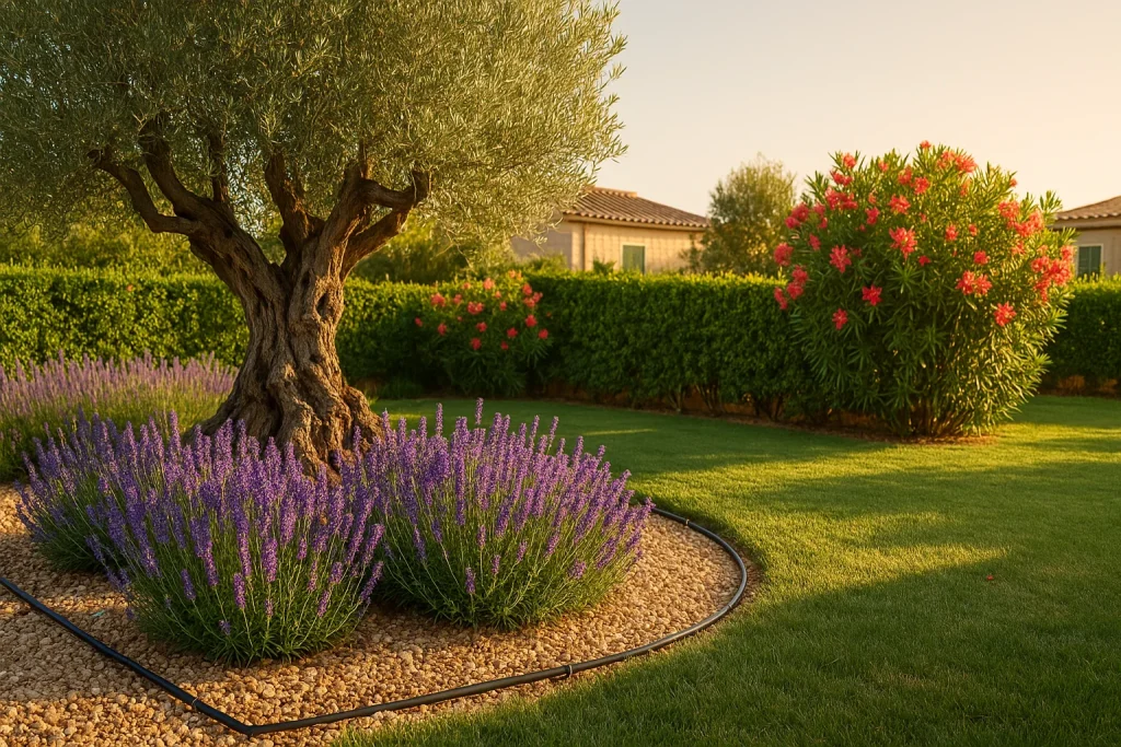 Mantenimiento de jardines en Mallorca con olivo centenario, lavanda y riego por goteo al atardecer